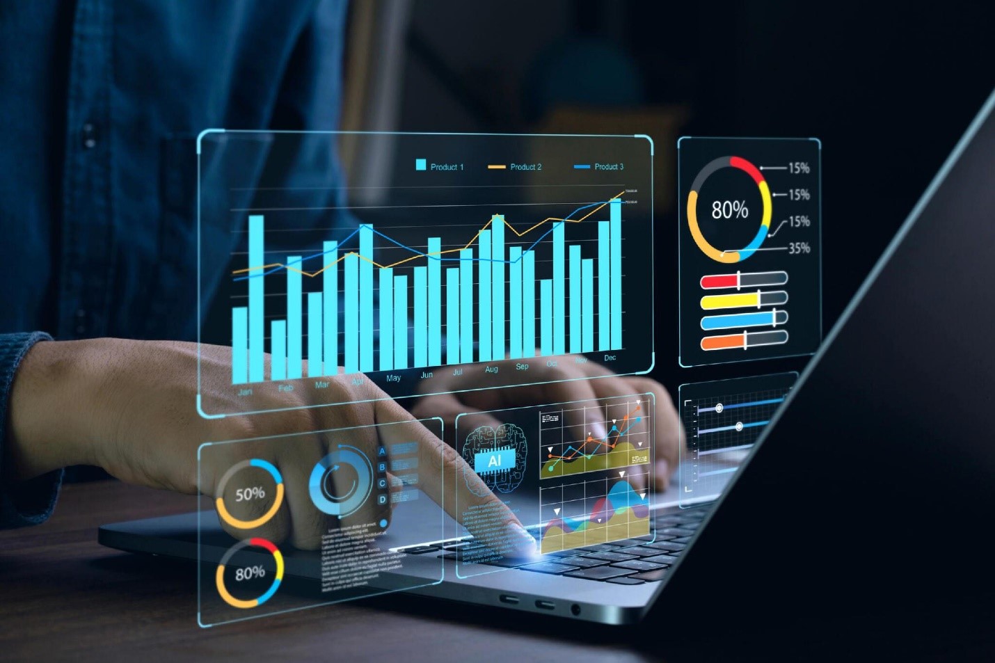 Businessman works on laptop Showing business analytics dashboard with charts, metrics, and KPI to analyze performance and create insight reports for operations management.