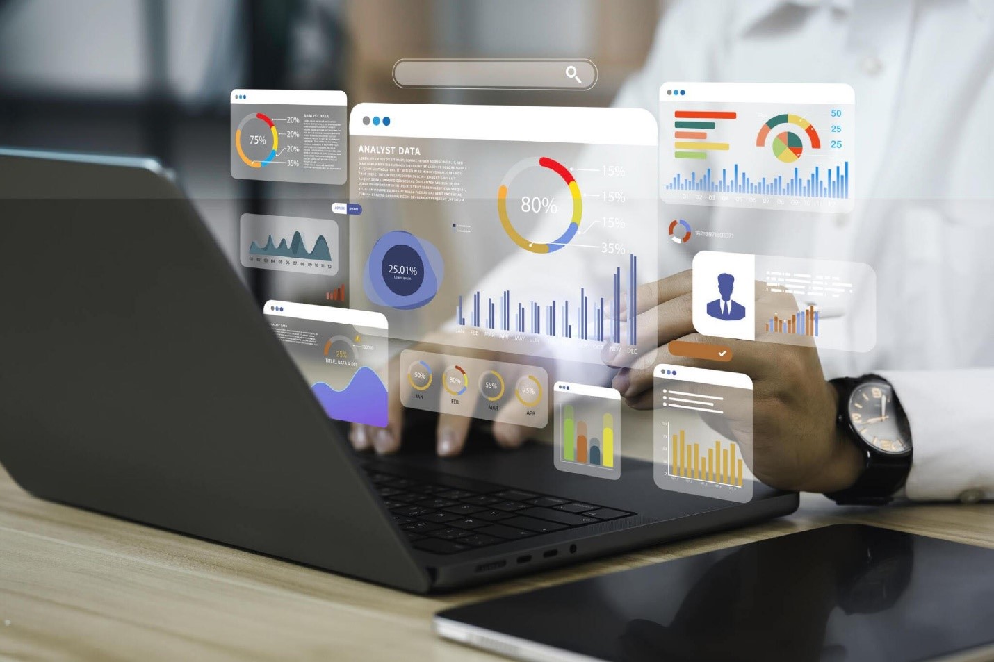 An analyst uses a computer and dashboard for data business analysis and Data Management System